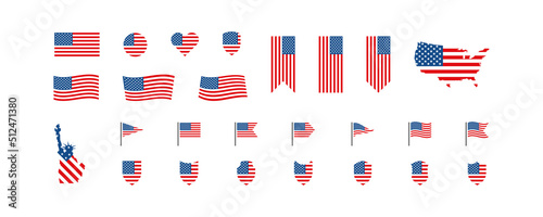 USA flag and map icon set. National symbol of the United States of America. 4th of July. Isolated vector illustration for wab banner