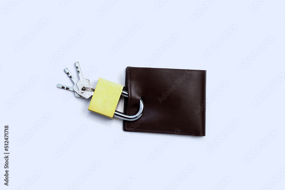 Wallet with padlock and keys on white background. Copy space Wallet with padlock and keys on white background. Copy space