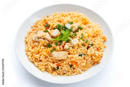 Fried rice in white plate on white background.