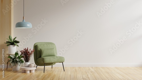 White minimalist interior living room has a green armchair on empty white color wall background. photo