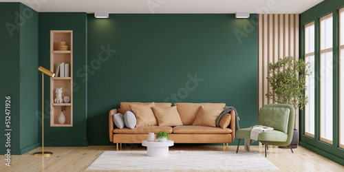 Light room with sofa and armchair on empty dark green wall background.