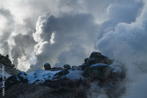 Moody view of Mount Io fumarole in Winter, Hokkaido, Japan