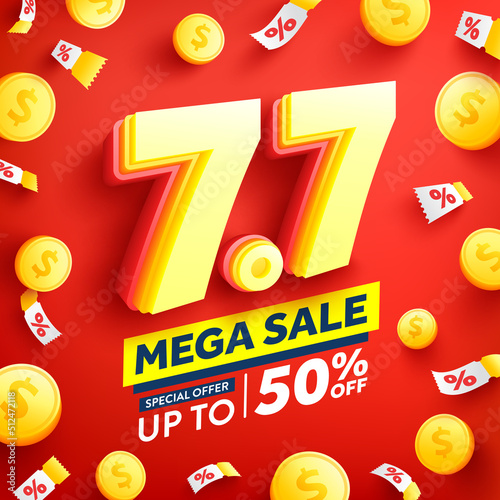 7.7 Shopping day Poster or banner with discount coupon and golden coins on red background.7 July Sales banner template design for social media and website.Special Offer Sale 50% Off campaign