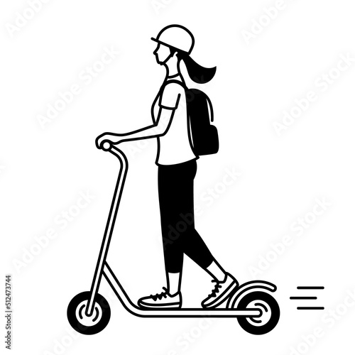 Young female with helmet on kick scooter