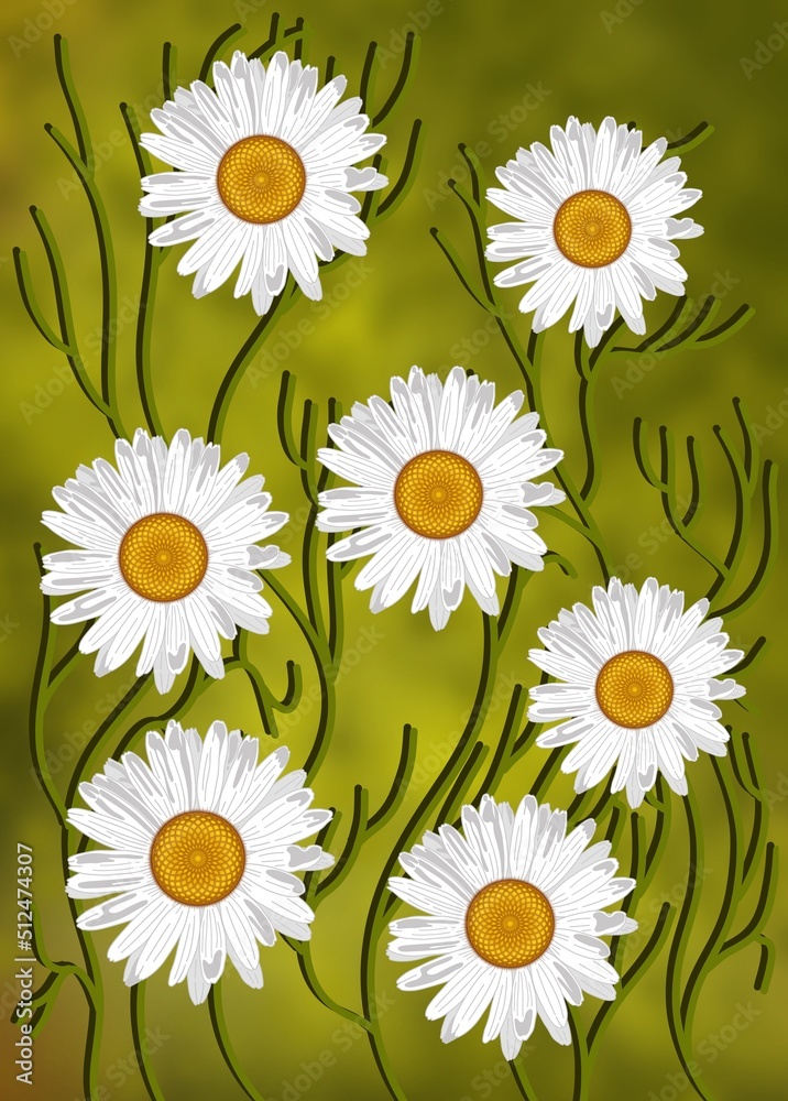 Chamomile flowers on green background illustrationKwiaty rumianku z zielem białe polne kwiaty ilustracja zielone niejednorodne rozmyte tło - obrazy, fototapety, plakaty 