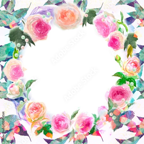金粉が舞うピンクのバラのフラワーリース水彩画手描きイラストとカラフルな落ち葉が舞う白背景	
