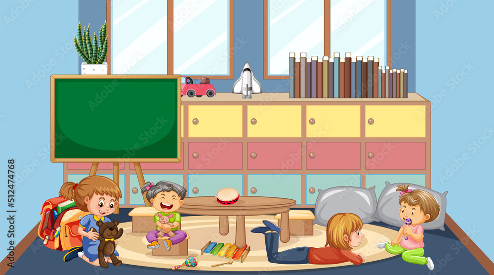 Scene of classroom with kids playing