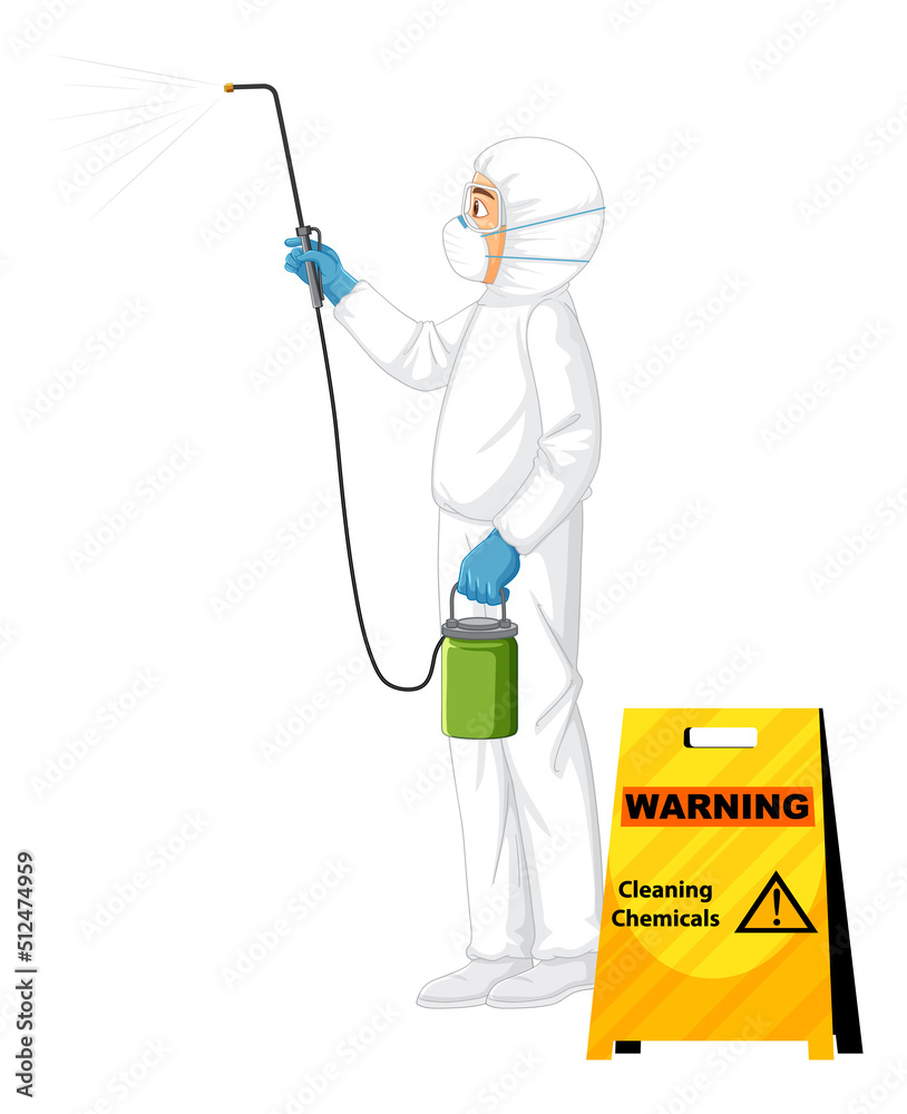 Man in protective hazmat suit with cleaning chemicals sign