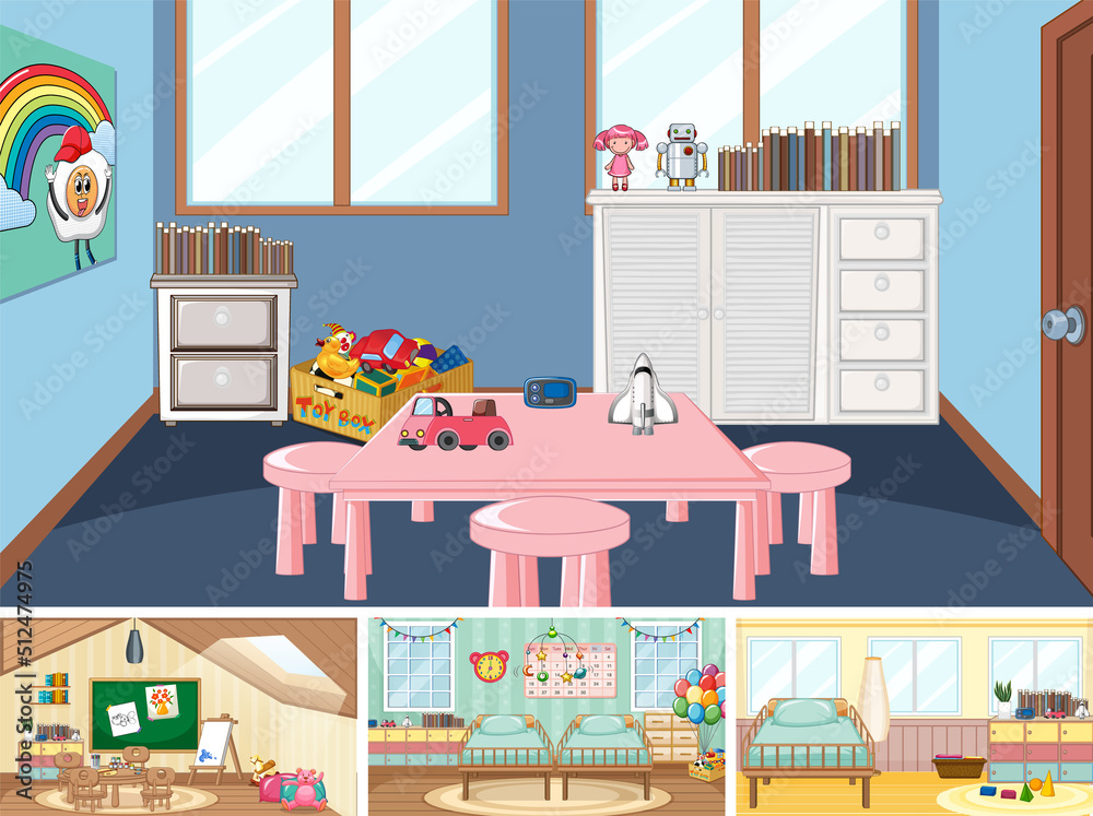 Set of different kindergarten classroom scenes Set of different kindergarten classroom scenes