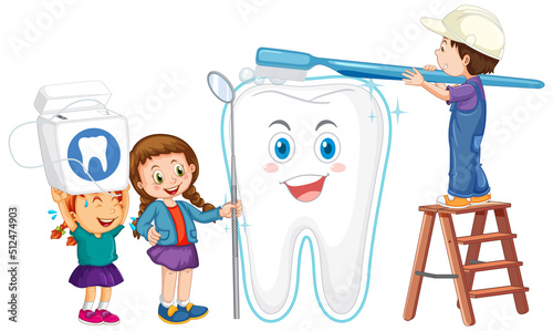 Happy kids holding dental cleaning equipment with dentist on white background