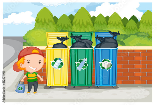 Little boy standing beside recycling bins