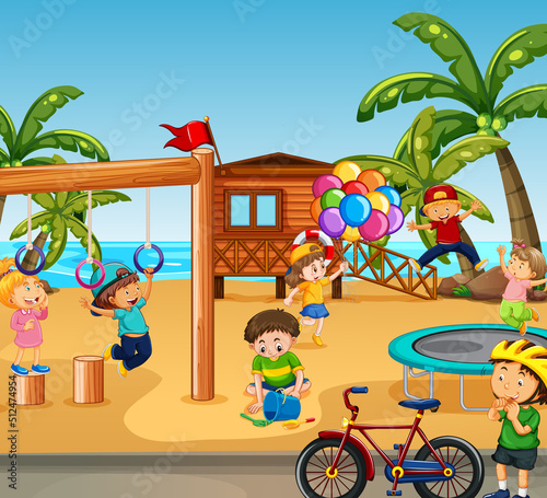 Beach playground with happy children
