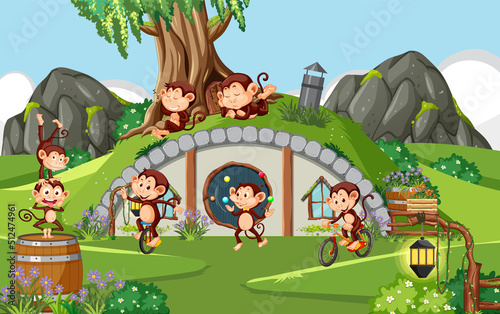 Happy monkey family in the forest