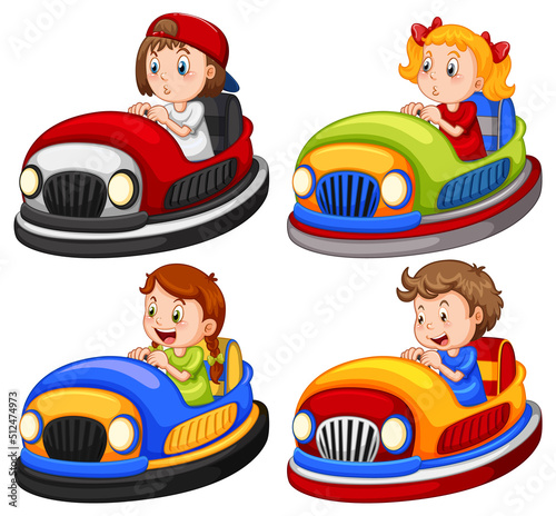 Set of different kids driving bumper cars in cartoon style