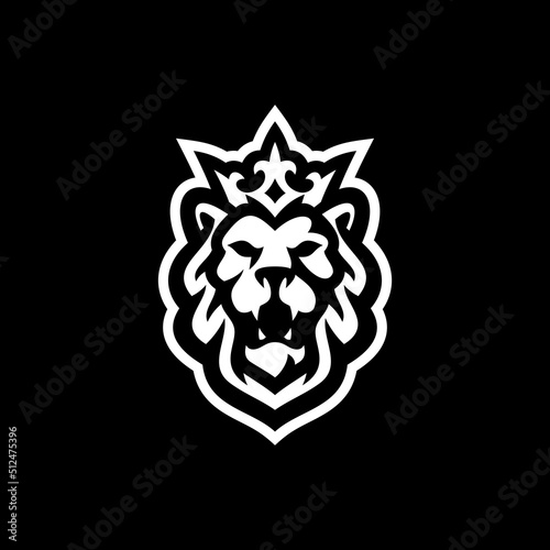 Lion king line art or silhouette logo design. Lion head with crown vector illustration on dark background