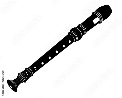  Black Flute icon. recorder is a wind instrument made from a tube with holes along it that are stopped by the fingers. Vector Illustration isolated on white background.