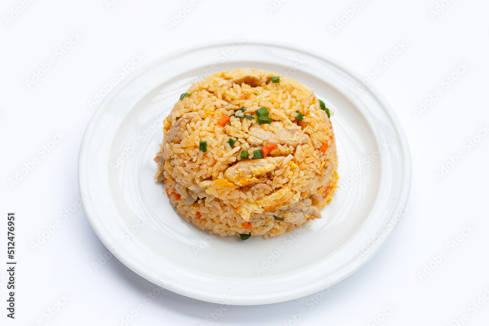 Fried rice in white plate on white background. Fried rice in white plate on white background.