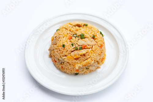 Fried rice in white plate on white background.