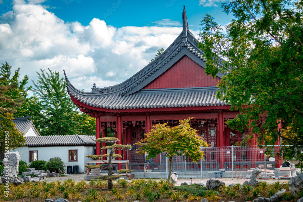 Chinese temple in the Chinese Garden section in Montreal Botanical Garden, Quebec, Canada