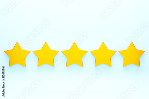 3D illustration. Five yellow stars glossy colors. Achievements for games. Customer rating feedback concept from client