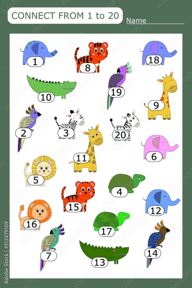 The task is to go through a maze of numbers from 1 to 20 with animals .  Educational exercises for preschool children
