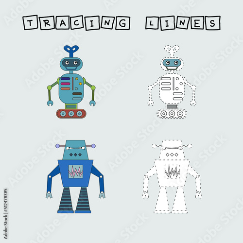 Developing an activity for children, the tracing  the lines of cute robots. Logic game for children.