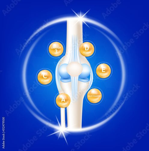 Bone with vitamins, glucosamine and omega 3. Dietary supplement bones. Arthritis knee joint pain in leg. Medical healthcare skeleton x ray scan concept. Vector EPS10 illustration