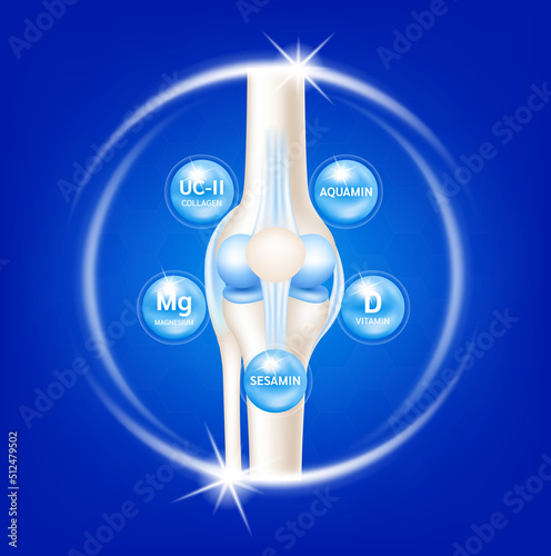 Dietary supplement bones. Arthritis knee joint pain in leg. Bone with Collagen UC-II, Vitamin D, Magnesium, Sesamin and Aquamin. Medical healthcare skeleton x ray scan concept. Vector EPS10.