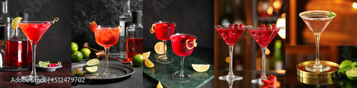 Set of classic cosmopolitan cocktails in glasses on dark background