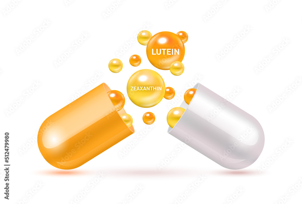 Lutein and Zeaxanthin medicine capsule orange. Vitamin complex with Chemical formula from