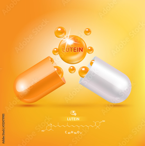 lutein medicine capsule and structure orange. Food for good vision and healthy eyes. Selection of products to help improve eyesight. Medical scientific and healthcare concept. 3D Vector EPS10.