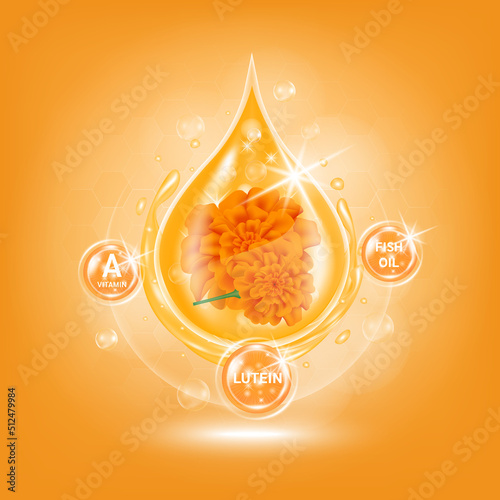 Drop water lutein orange. Vitamin A complex and fish oil with Chemical formula from marigold to nourish eyes. Medical and scientific concepts. 3D Realistic Vector EPS10.