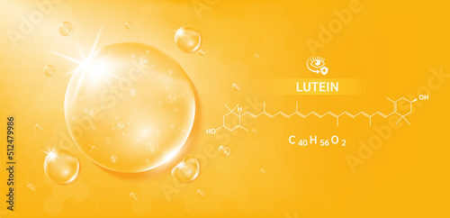 Drop water lutein orange and structure. Vitamin complex with Chemical formula from marigold to nourish eyes. Medical and scientific concepts. 3D Realistic Vector EPS10. photo