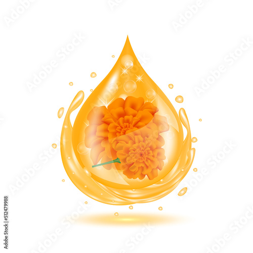 Drop serum marigold orange. Lutein vitamin A complex and fish oil with Chemical formula from marigold to nourish eyes. Medical and scientific concepts. Isolated on a white background 3D Vector.