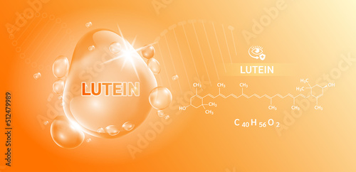Drop water lutein orange and structure. Vitamin complex with Chemical formula from marigold to nourish eyes. Medical and scientific concepts. 3D Realistic Vector EPS10.