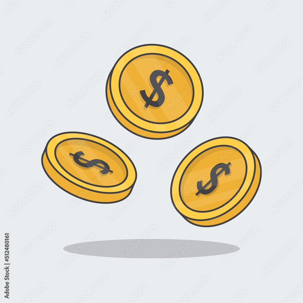 Gold Coins Falling Cartoon Vector Illustration. 3d Dollar Coins Flat Icon Outline