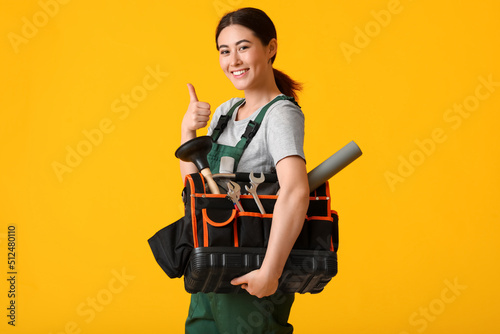 Asian female plumber with t...