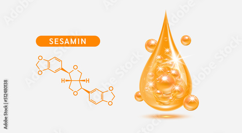 Sesamin drop and structure black sesame extract isolated on white background. Vitamin complex orange. Food supplement nutrition design. Medical scientific concepts. 3D vector.