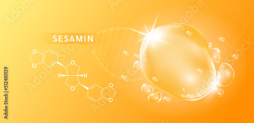 Sesamin drop and structure black sesame extract on orange background. Vitamin complex orange. Food supplement nutrition design. Medical scientific concepts. 3D vector. photo