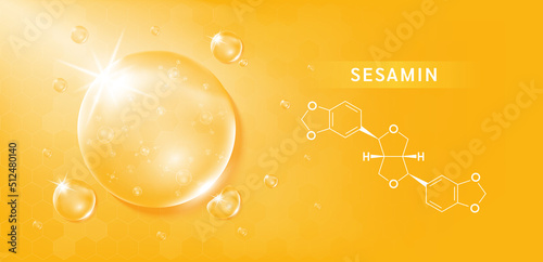Sesamin drop and structure black sesame extract on orange background. Vitamin complex orange. Food supplement nutrition design. Medical scientific concepts. 3D vector. photo