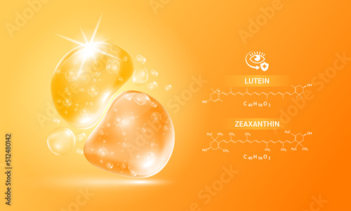 Drop water Zeaxanthin and lutein orange and structure. Vitamin complex with Chemical formula from marigold to nourish eyes. Medical scientific and healthcare concept. 3D Realistic Vector EPS10. photo