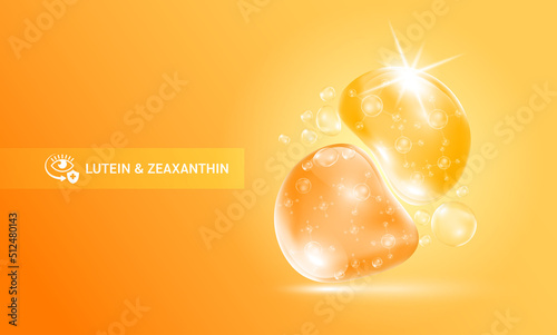 Drop water Zeaxanthin and lutein orange. Vitamin complex with Chemical formula from marigold to nourish eyes. Medical scientific and healthcare concept. 3D Realistic Vector EPS10.