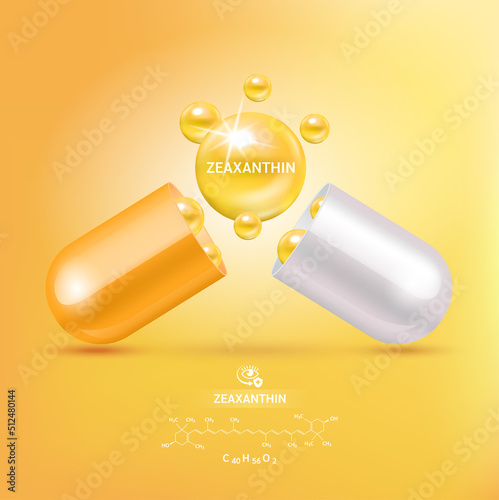 Zeaxanthin medicine capsule orange. Vitamin complex with Chemical formula from marigold to nourish eyes. Medical and healthcare concept. 3D Vector. Isolated on a orange background.