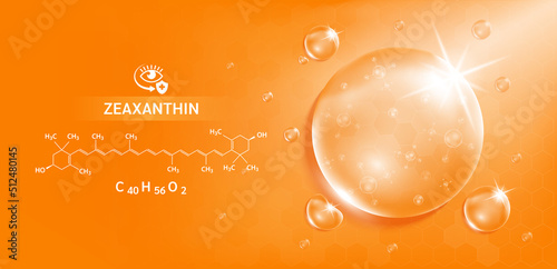 Drop water Zeaxanthin orange and structure. Vitamin complex with Chemical formula from marigold to nourish eyes. Medical scientific and healthcare concept. 3D Realistic Vector EPS10.