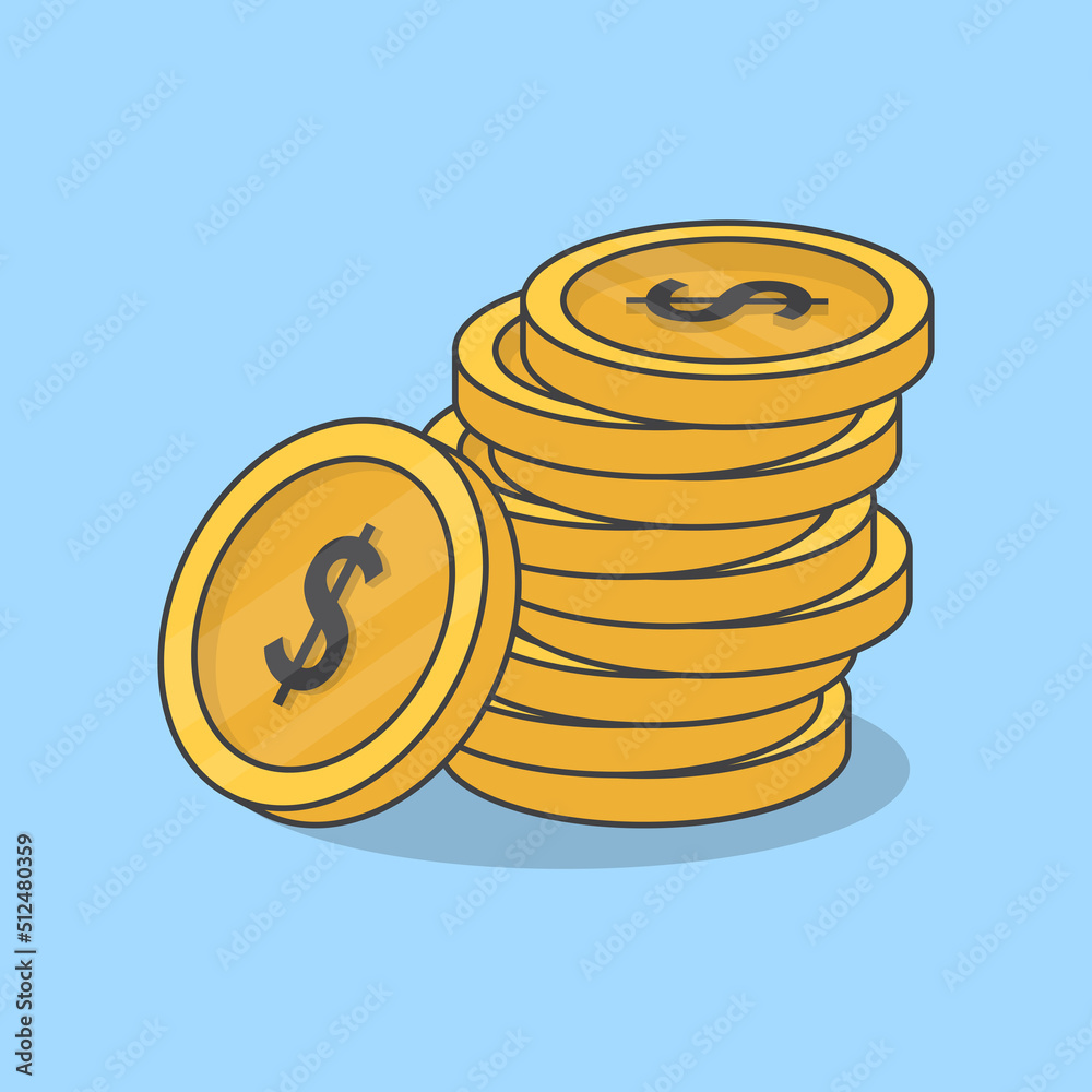 Stack Of Golden Coins Cartoon Vector Illustration. 3d Dollar Coins Flat Icon Outline Stack Of Golden Coins Cartoon Vector Illustration. 3d Dollar Coins Flat Icon Outline