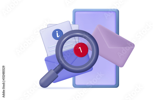 Search or select email 3d. Information document in an envelope. A letter by mail with a notification or a new message. Carefully check, confirm and send the page with the document. Vector illustration