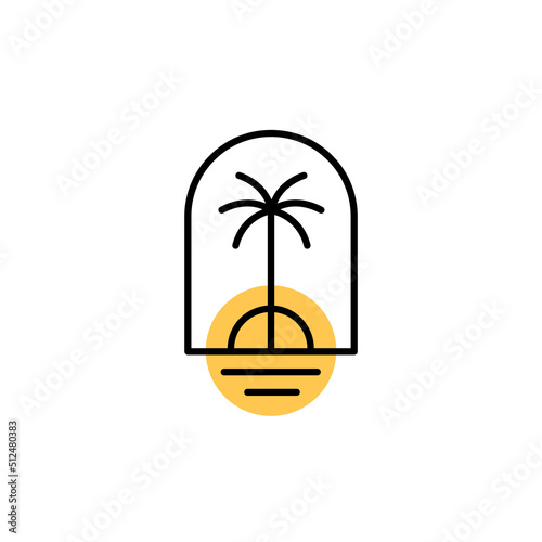 Palm tree with sunset aesthetic abstract summer vacation badge design. tropical island tree with sun on sea vector illustration graphic design.