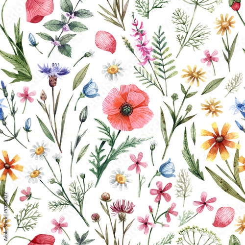 Seamless watercolor background with wild flowers in vintage style. Wildflowers and herbs hand-drawn. Floral background for fabrics  paper  wallpaper  cards