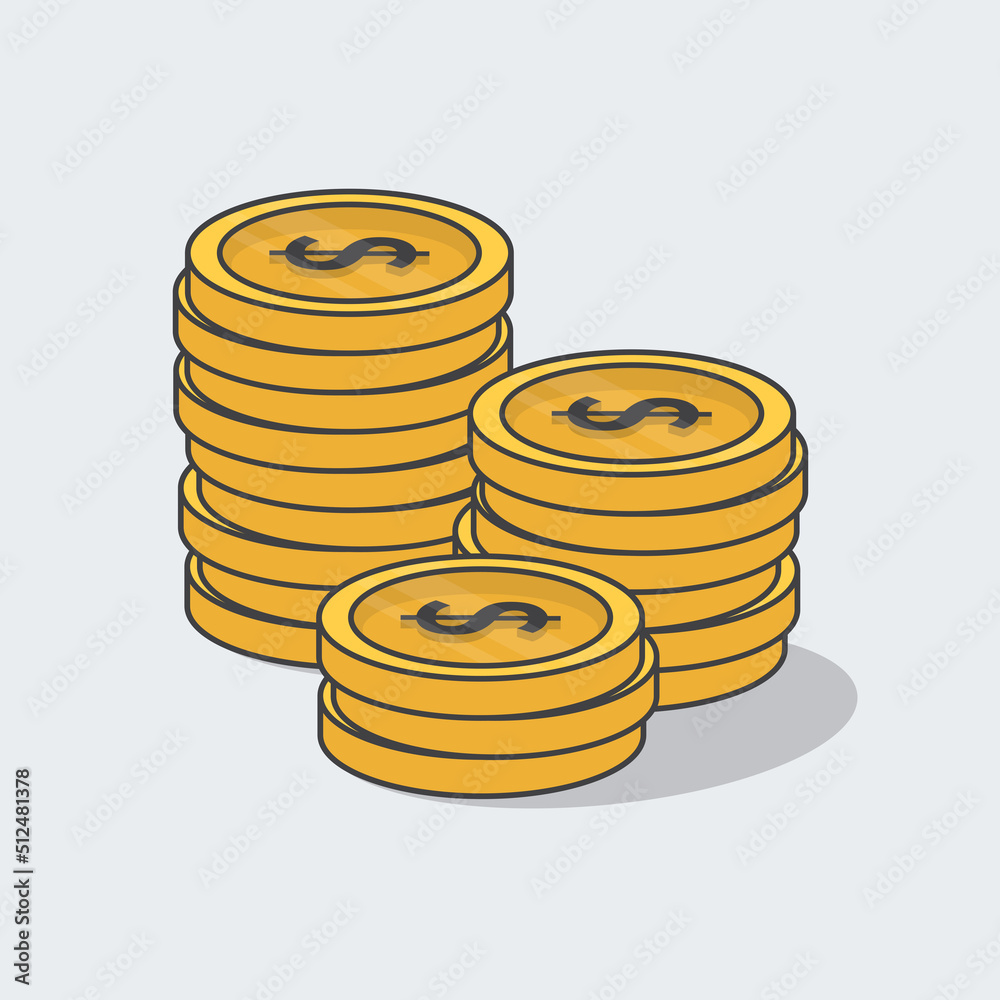 Stack Of Coins Cartoon Vector Illustration. 3d Dollar Coins Flat Icon Outline Stack Of Coins Cartoon Vector Illustration. 3d Dollar Coins Flat Icon Outline