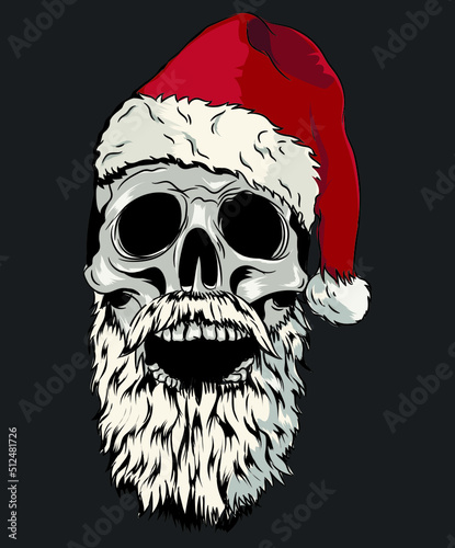 Illustration of  skull, wearing Santa red and white cap, has beard and mustache, on a black bac ground.